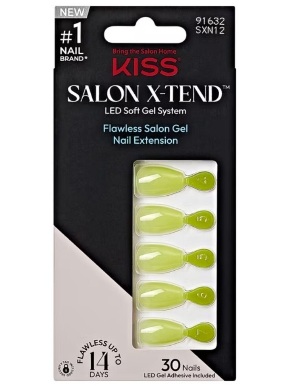 Kiss Salon X-tend LED Gel Nail Kit Press On Nails, Solid Green, Short Coffin, 30